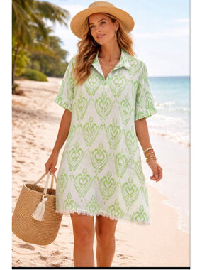 Snappy Turtle 100% Linen Ikat Kaftan Dress M Coastal Resort Beach Summer